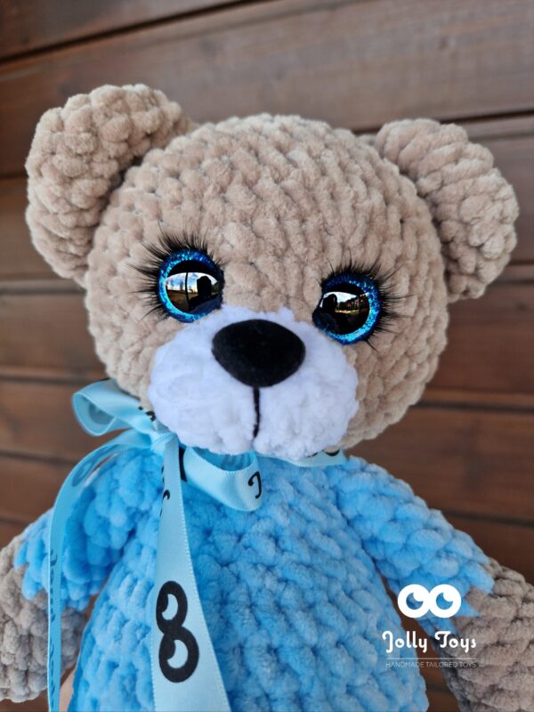 20230420_091647_1682192236077 Teddy bear boy in a blue pajamas.Personalized crochet toy . Teddy with name and birth details - Image 2