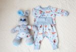 Set: baby clothes for a boy (0-3 months) + bunny. Gift box with name and date of birth