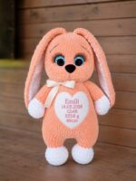 Salmon pink bunny with birth data, handmade toy, gift gift
