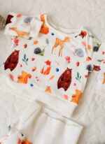 Estonian handmade baby clothes 0-3 months, pants and shirt with wild animals (milk white)