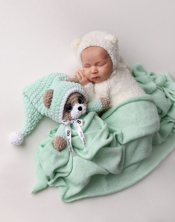 C42A6924 s Sleepy teddy in a mint pijama Personalised toy - Image 1