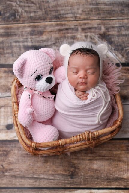 Beebi mänguasjaga roosa karu