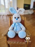 Grey Personalized bunny in blue shirt with Name and Birth Details, Baby Shower Gift