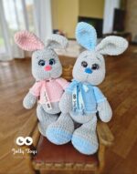 Grey Personalized bunny in blue shirt with Name and Birth Details, Baby Shower Gift - Image 2