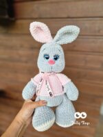 Grey Personalized bunny in pink shirt with Name and Birth Details, Baby Shower Gift - Image 3